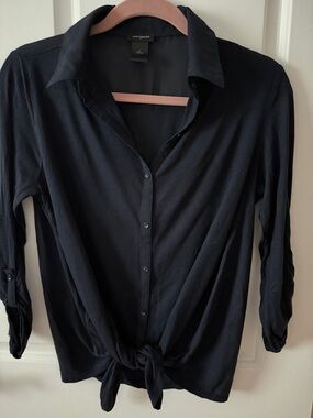 Ann Taylor Blue Tie-Front Button-Up Shirt Size S